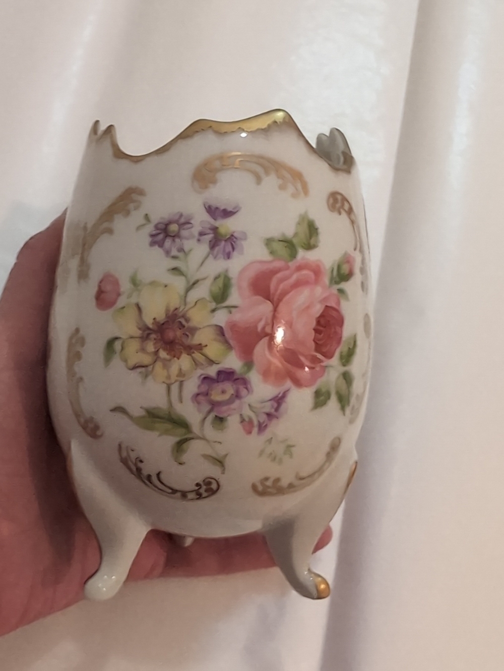 Vintage Broken Egg Footed Vase Shaped Porcelain De France Floral